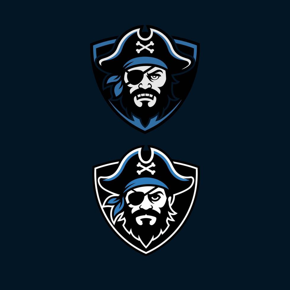 A Duo of Aggressive Pirate Head Mascots with Eyepatches and Skull and Crossbones Hats, within Shields, in Blue, Black, and White Tones vector