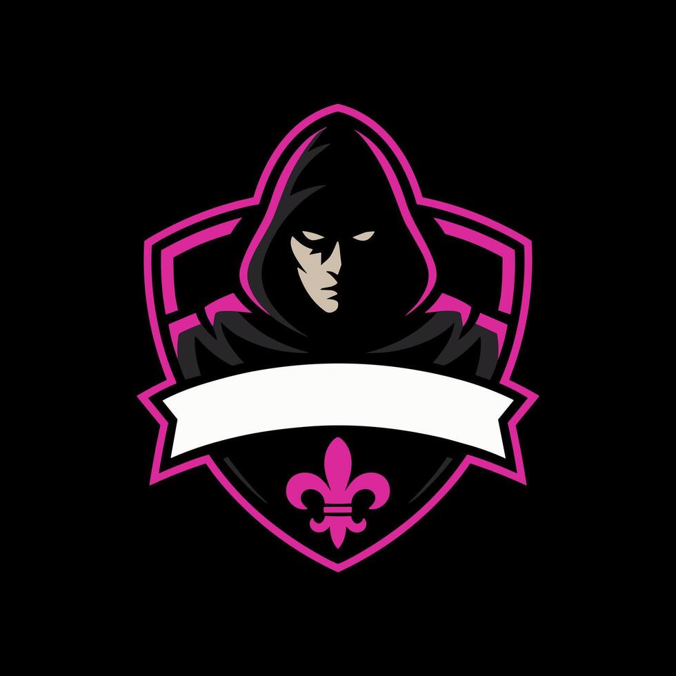 Anonymous Hooded Figure with Fleur-de-lis Emblem in Pink and Black Esport Logo vector