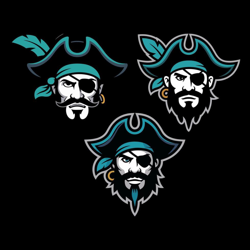 A Dynamic Collection of Three Pirate Head Mascots with Eyepatches, Bandanas, and Feathered Hats, in Aqua Blue, Black, and White Tones vector