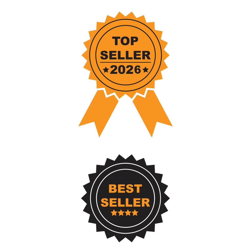 Top seller and best seller badge icons, ribbon and star award labels vector