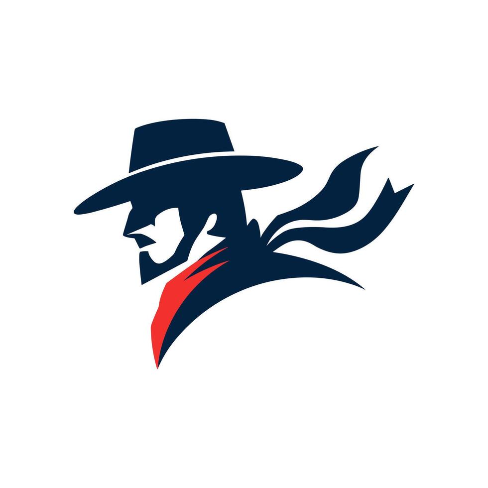 A Silhouette Logo of a Cowboy or Outlaw Character with a Wide-Brimmed Hat and a Red Scarf, Facing Left vector
