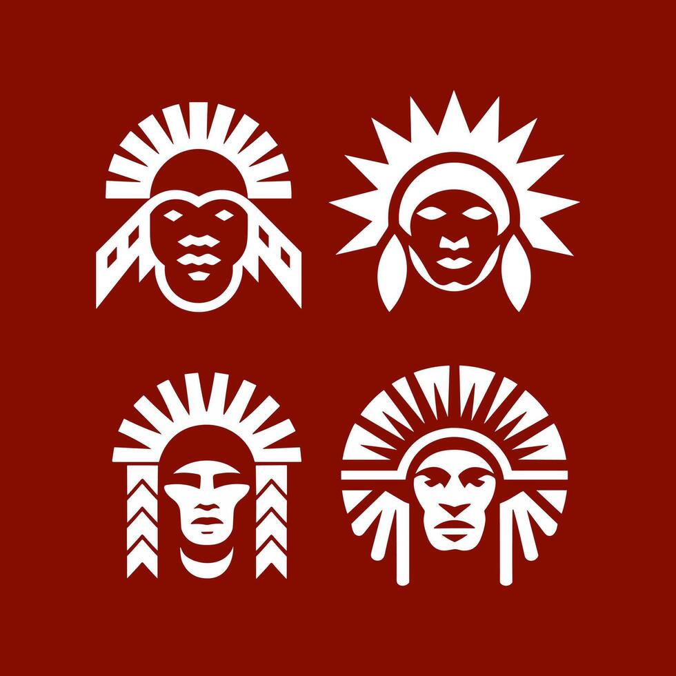 Set of Four White Silhouette Native American Chief Heads with Headdresses vector