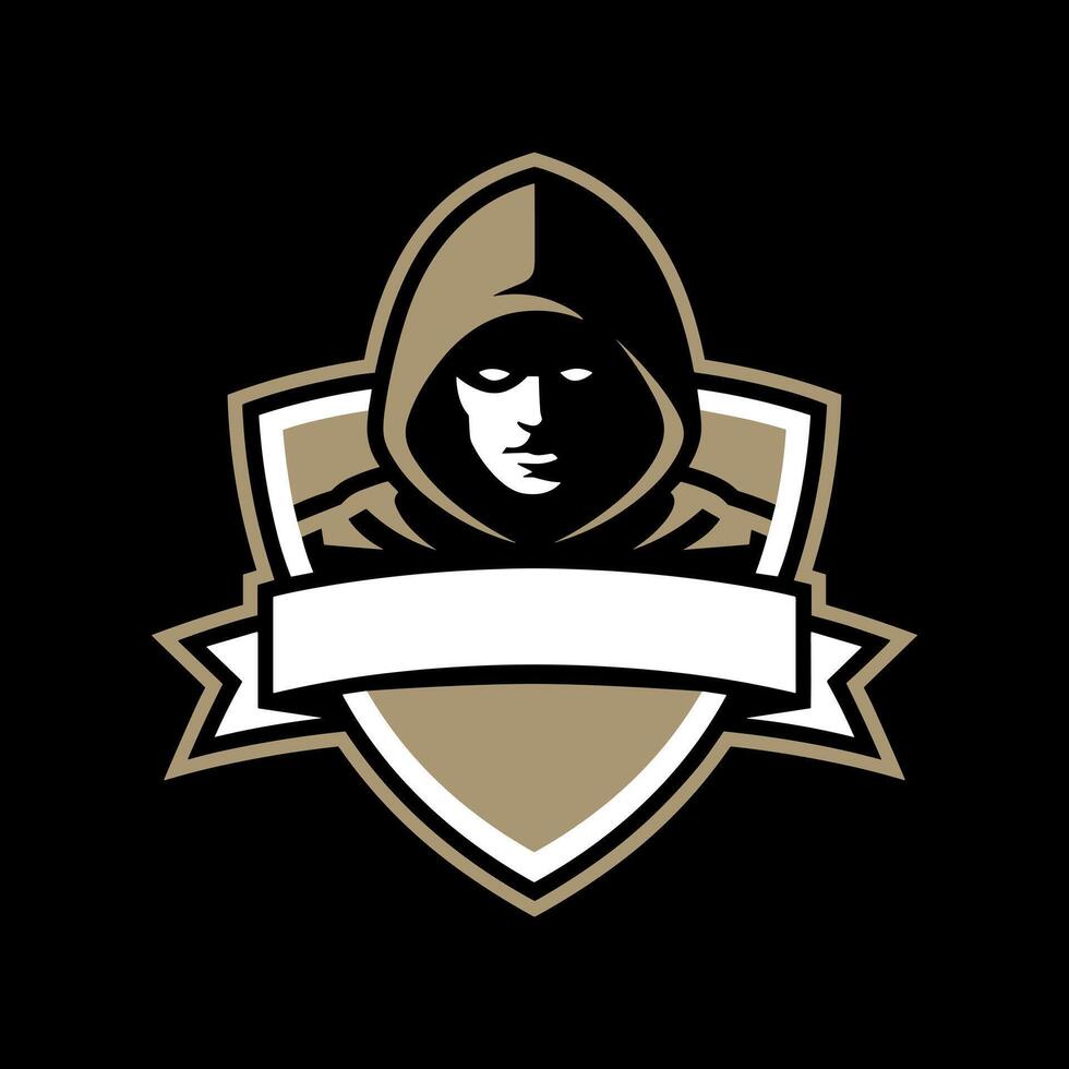 Mysterious Hooded Figure with Glowing Eyes in a Shield Emblem vector
