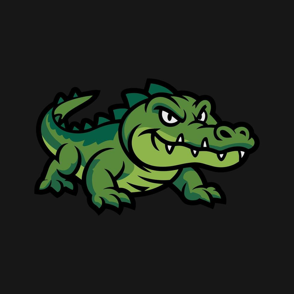 A Fierce Cartoon Alligator or Crocodile Mascot with a Green Body and White Teeth on a Dark Background vector