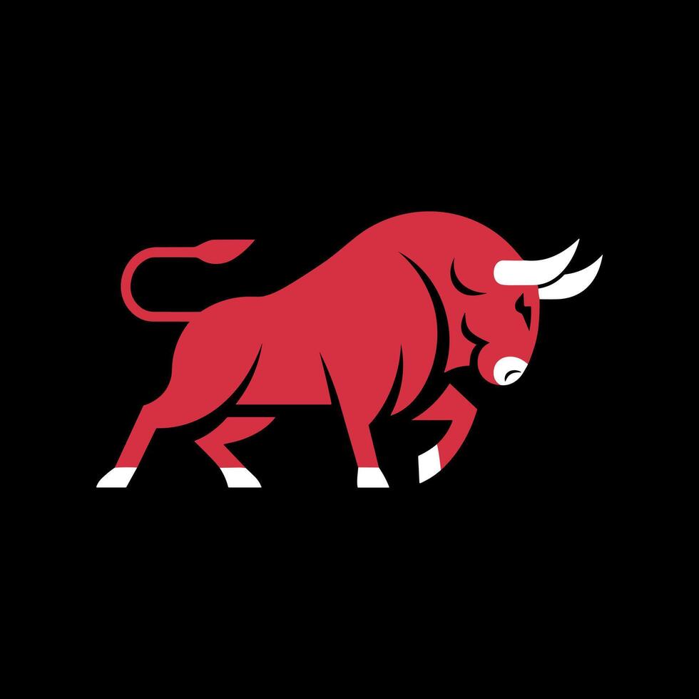 A Powerful Red Bull or Ox Mascot with White Horns and Hooves on a Black Background vector