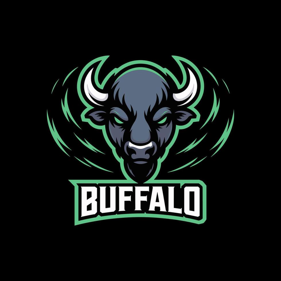 A Fierce Grey and Green Buffalo Head Mascot with White Horns and BUFFALO Text on a Black Background vector