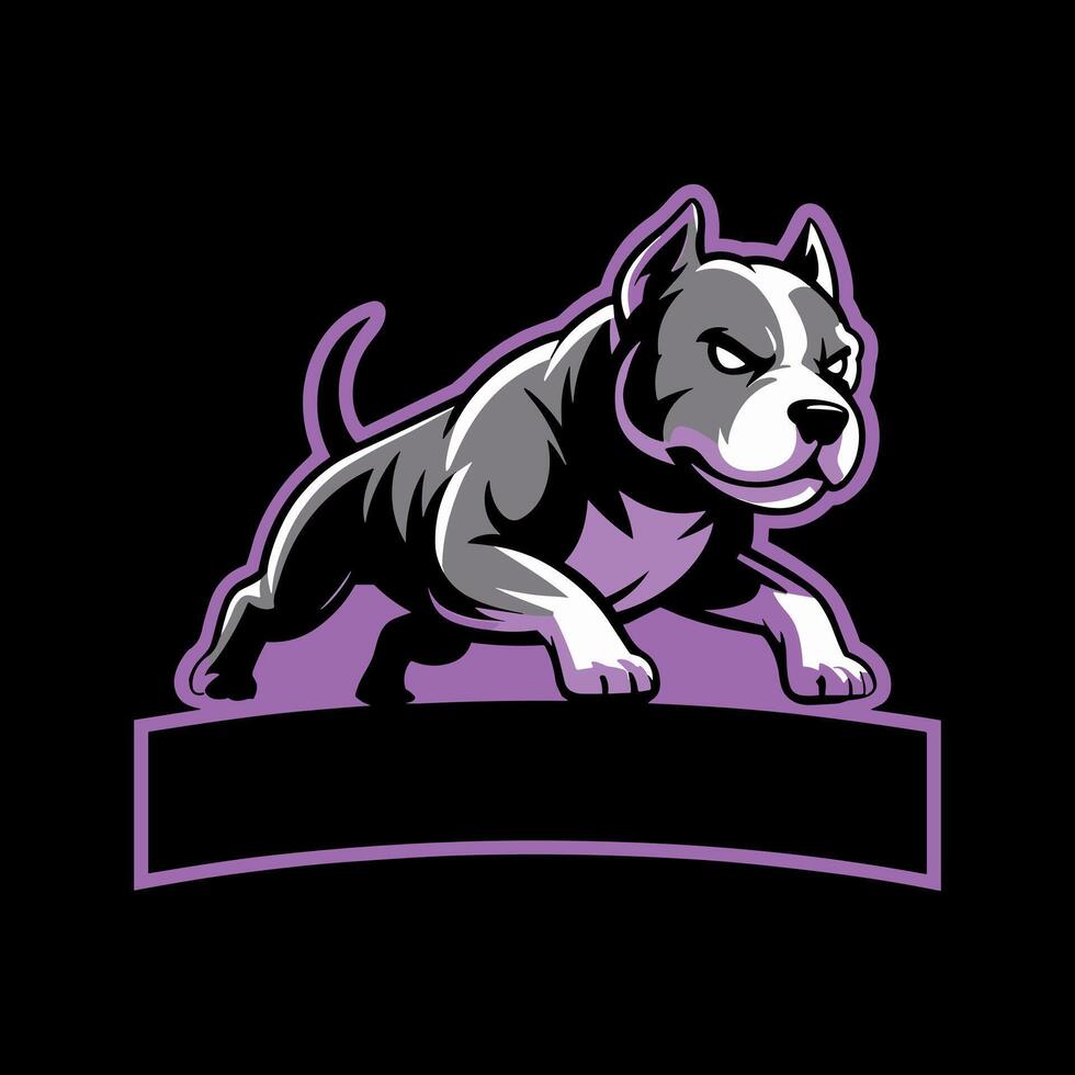 A Muscular Grey Pitbull or Bulldog Mascot with an Aggressive Stance and Purple Accents on a Black Background vector