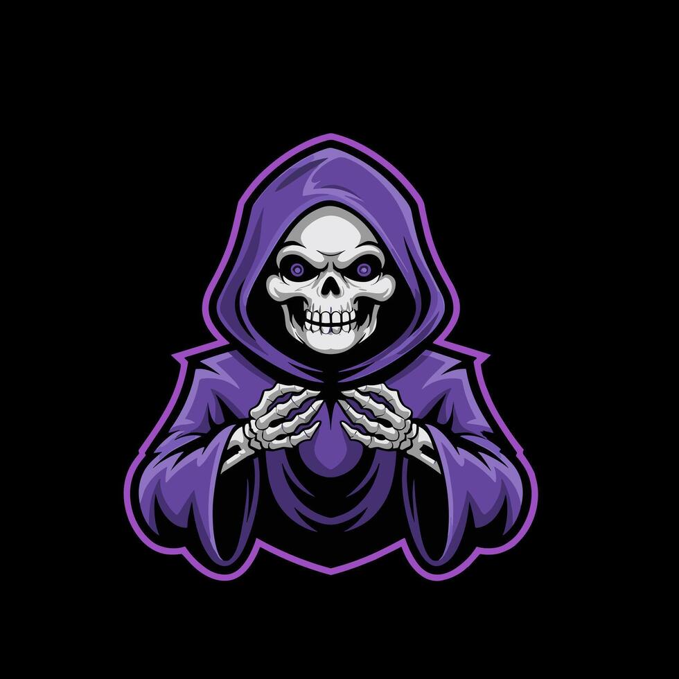 A Menacing Purple-Hooded Skeleton or Grim Reaper Mascot with Glowing Eyes on a Black Background vector