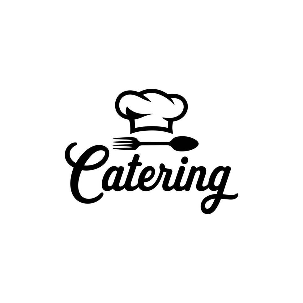 Catering Service Logo with Chef Hat, Fork, Spoon, and Script Text vector