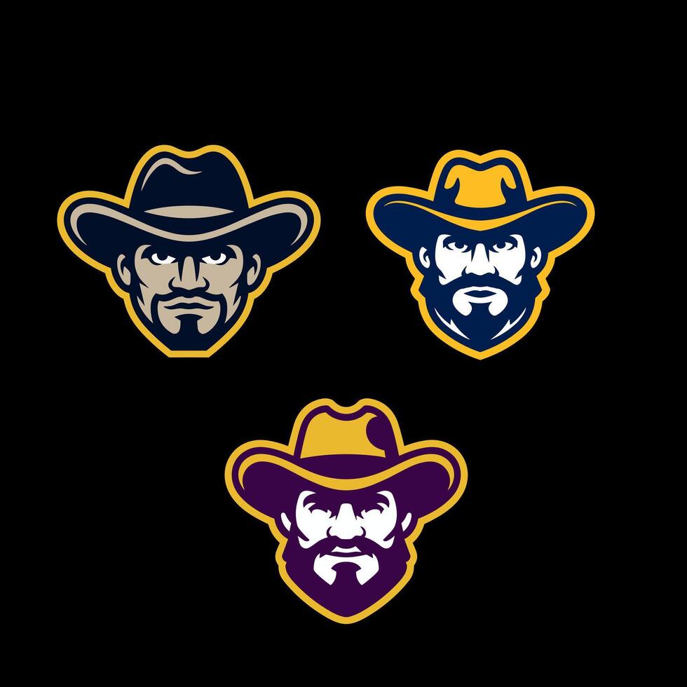 Collection of Fierce Cowboy or Rancher Mascot Heads with Hats and Beards for Sports Teams and Western Themes vector