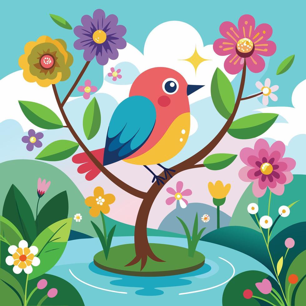 a cartoon bird sitting on a tree branch with flowers and birds vector