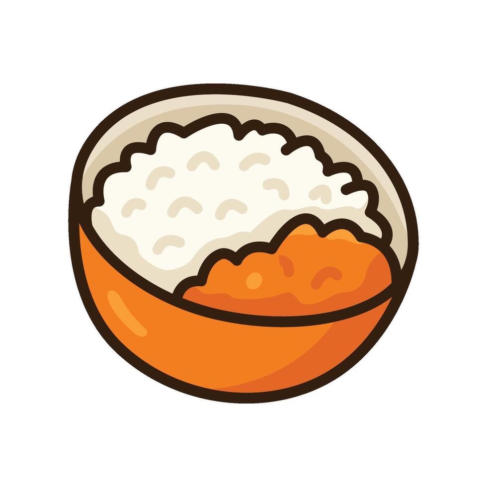 A cartoon icon of a bowl of rice topped with a portion of curry or stew, representing a staple meal in many street food cultures. vector