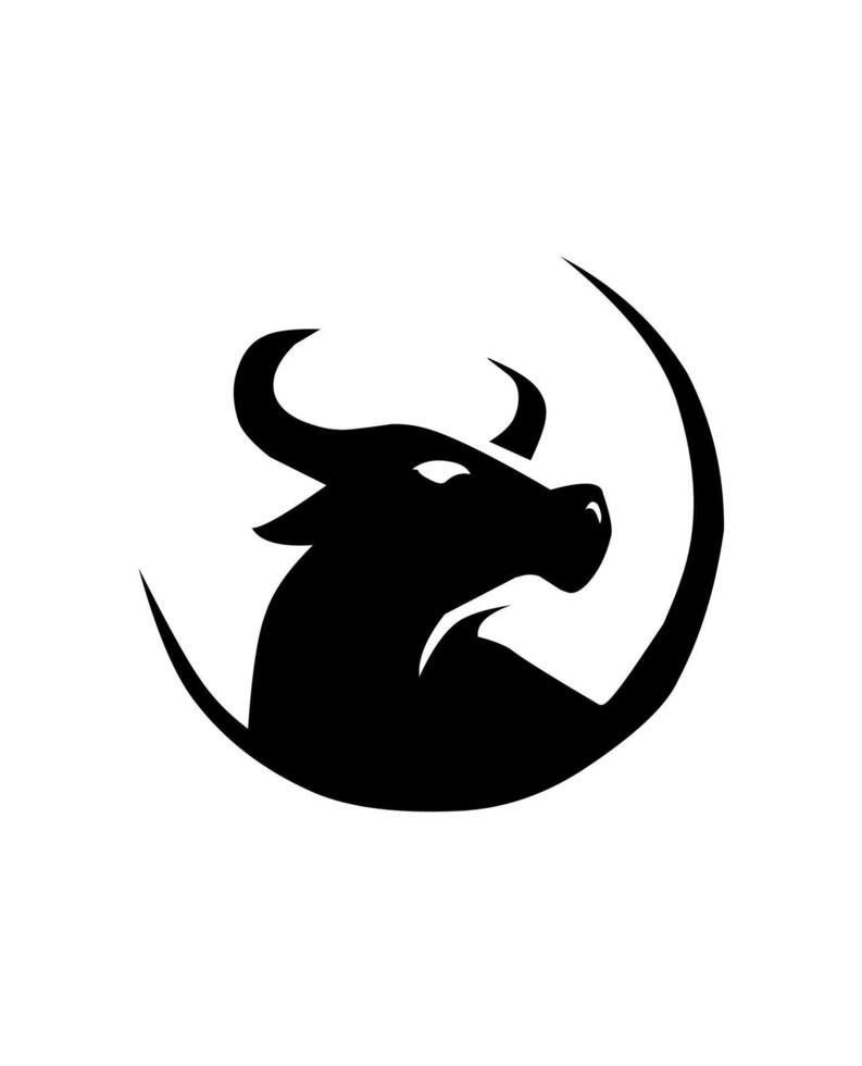 Bold black silhouette of a bull head inside a dynamic circle shape, perfect for logos, strength symbols, sports themes, and masculine branding concepts. vector