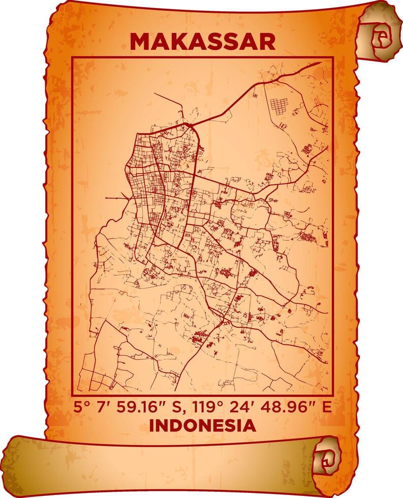 map art Makassar, Indonesia with coordinates. map poster old parchment paper scroll sheet vintage aged and texture, Historical vintage scrolls treasure map concept. poster design map ancient vector