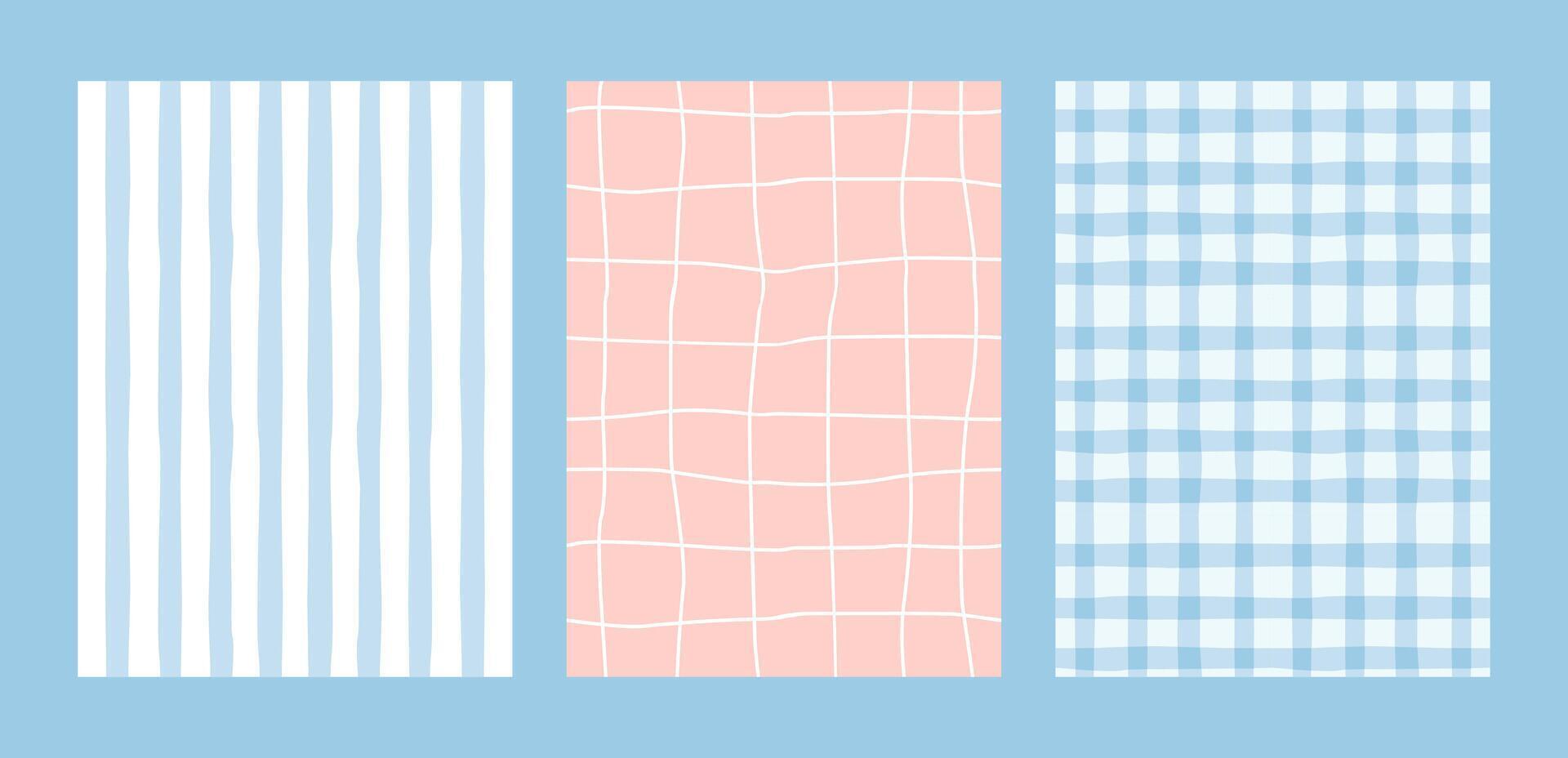 Cute Hand Drawn Set of Pastel Pink and Blue Seamless Pattern Textured Paper Sheets Gingham, Stripes, and grid. Abstract Backgrounds vector