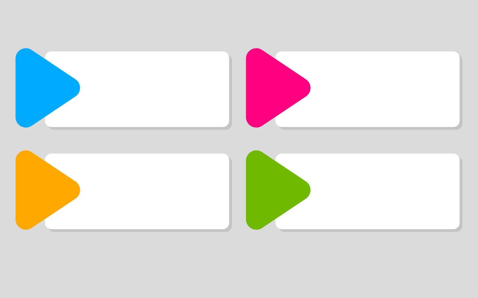 Infographic template shows four panels with headlines text and colorful triangle play buttons. vector