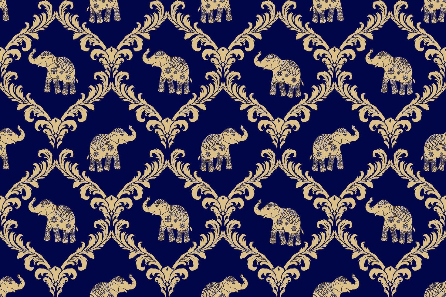 Elegant Golden Flora with elephant damask seamless pattern vector