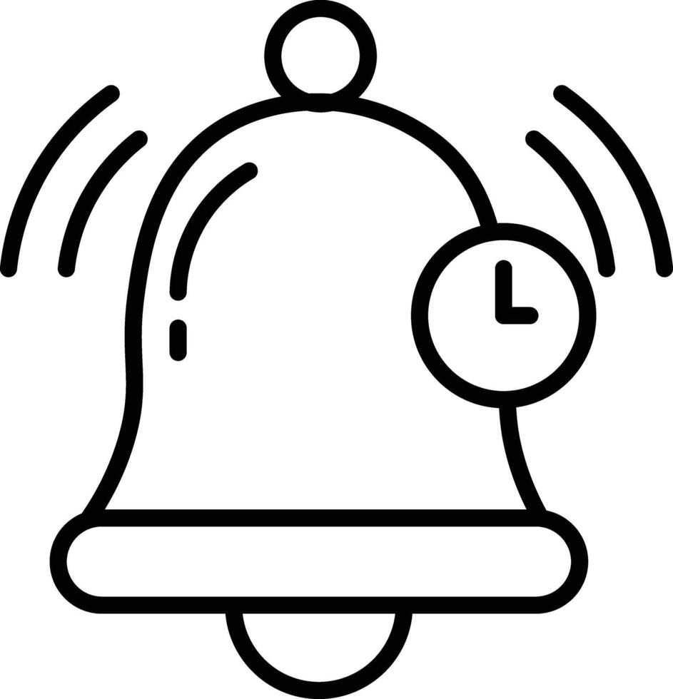 Alarm bell icon, notification symbol, clock, time reminder, alert, and schedule concept in simple black outline style for user interface design vector