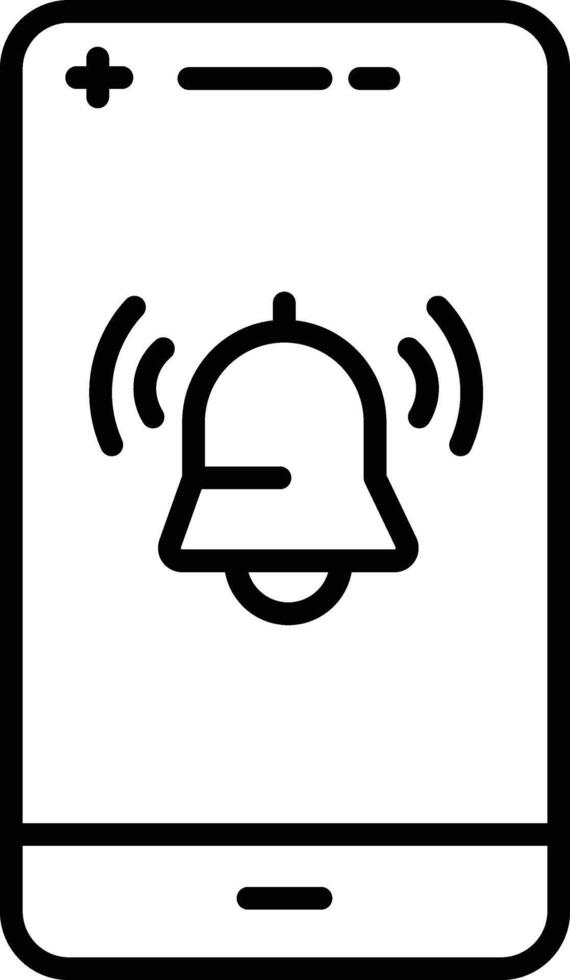 Smartphone notification alert bell icon mobile device communication technology digital. simple black and white line illustration of smartphone displaying ringing bell notification icon vector