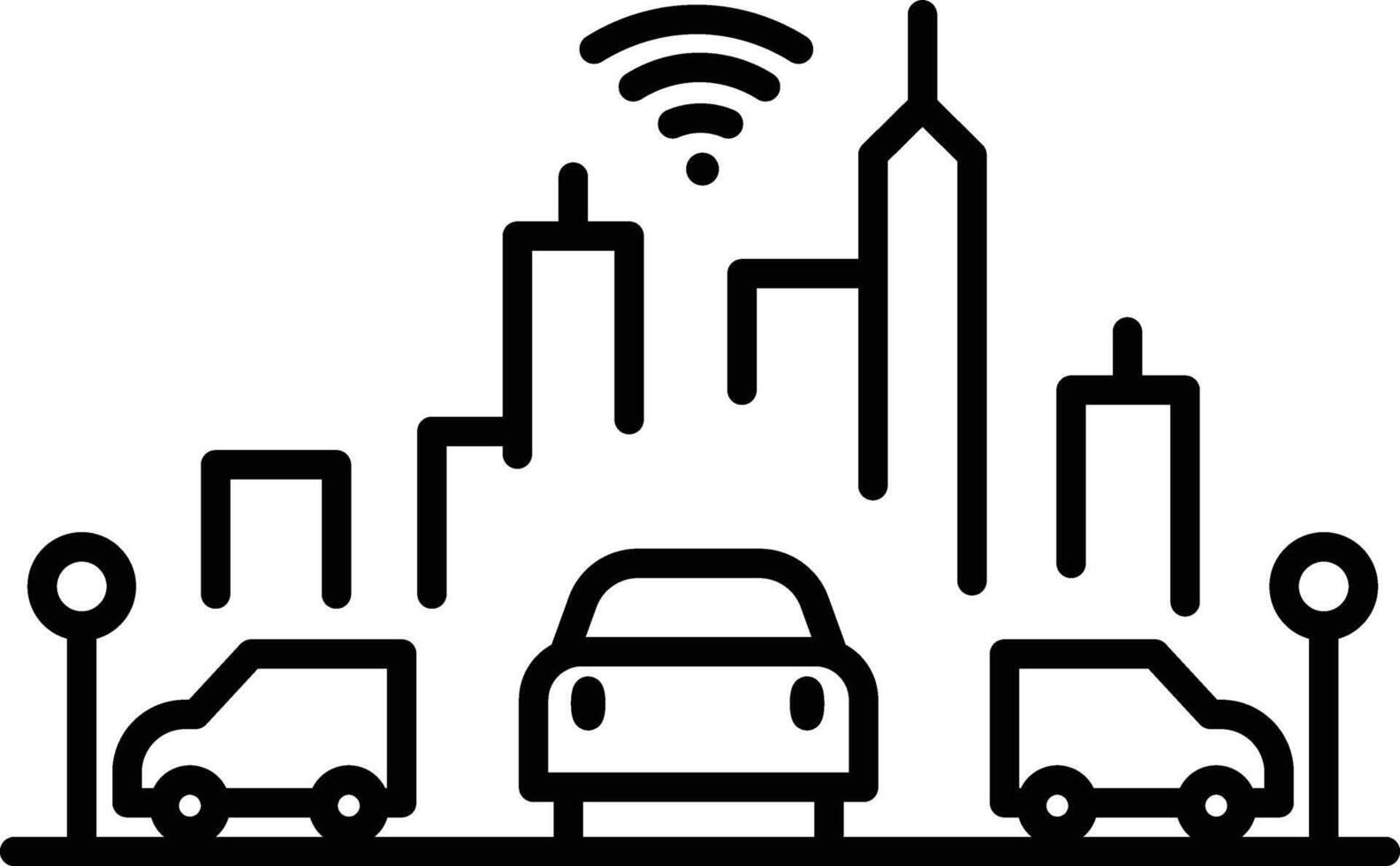 Smart city illustration with wireless network, modern buildings, cars, and streetlights, representing urban technology, connectivity, and intelligent transportation systems vector