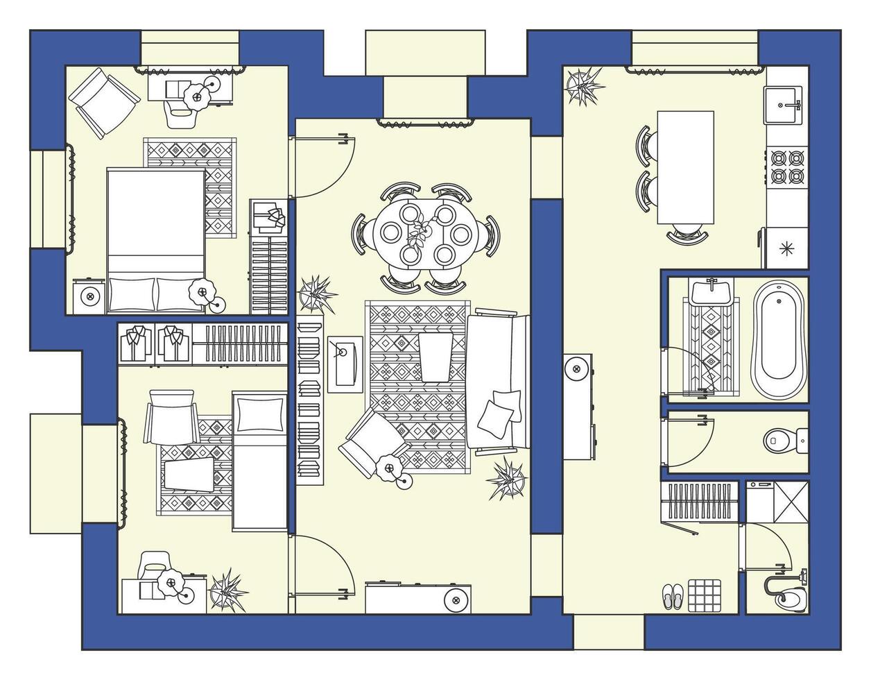 Interior design of an apartment, drawing with furniture placement. Living room, bedroom, kitchen and children's room. Layout of the rooms in the cottage. Floor plan templae in top view vector