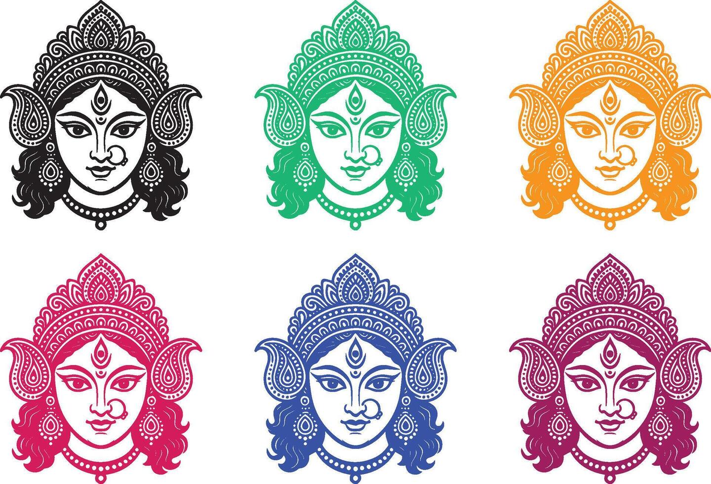 Durga Devi Faces in Various Colors silhouettes vector