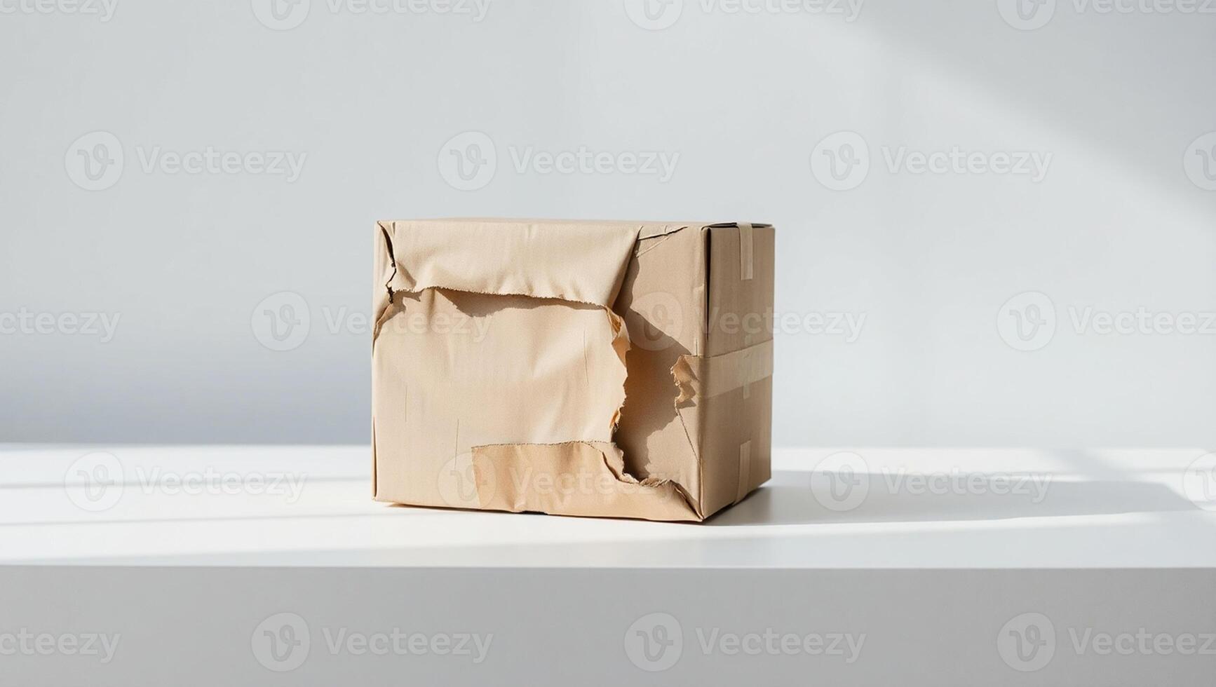 A cardboard box sitting on a table with sunlight photo