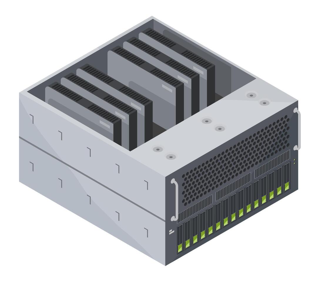 Isometric AI server rack components including GPU server infrastructure vector