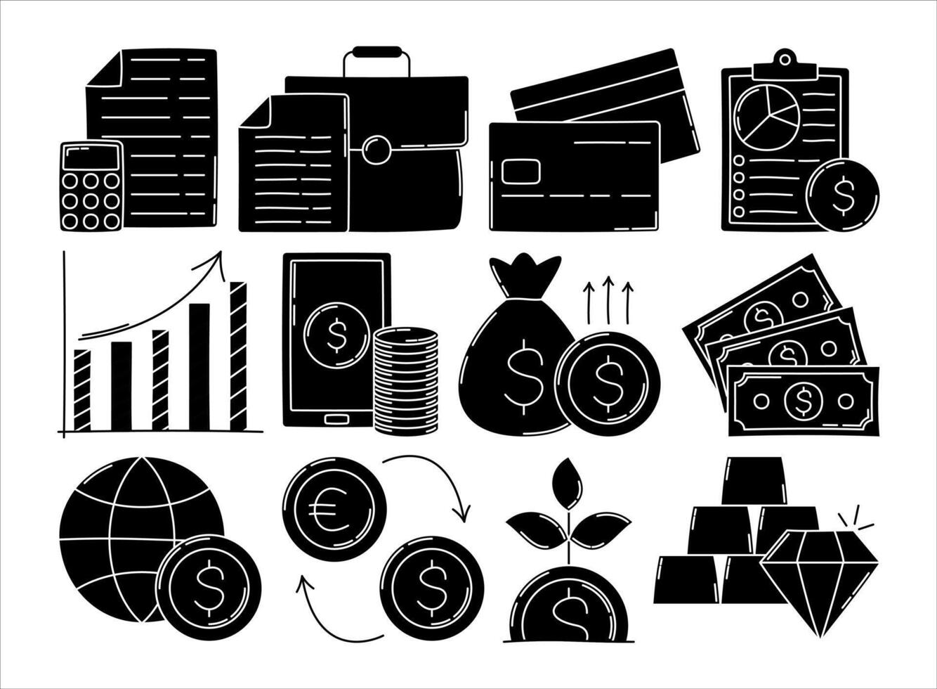 Glyph style global business icons with finance, money, credit, and growth elements. Perfect for info graphics, reports, and web designs. vector