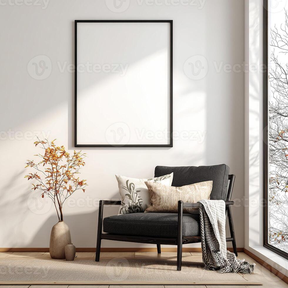 A chair and a blank Canvas frame in front of a window photo