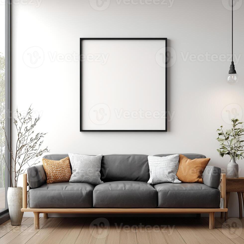 A modern living room with a couch and a Canvas framed picture photo