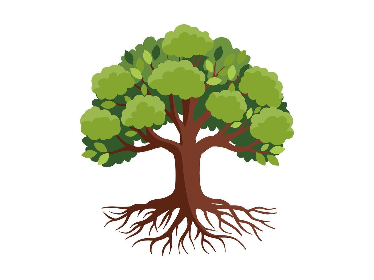 Tree and roots with green leaves logo flat design style. vector