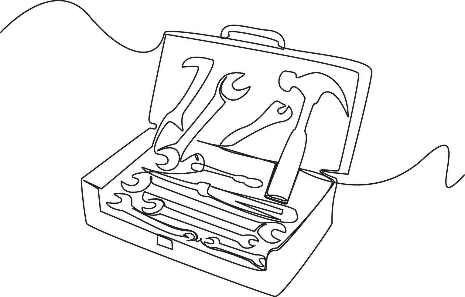 Continuous one line toolbox open with an adjustable wrench pliers hammer and other tools inside on a white background. Illustration vector