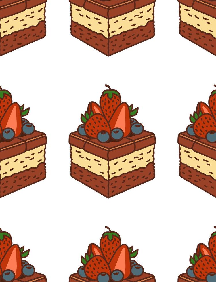 Seamless Pattern of Chocolate Layer Cake with Strawberries and Blueberries vector