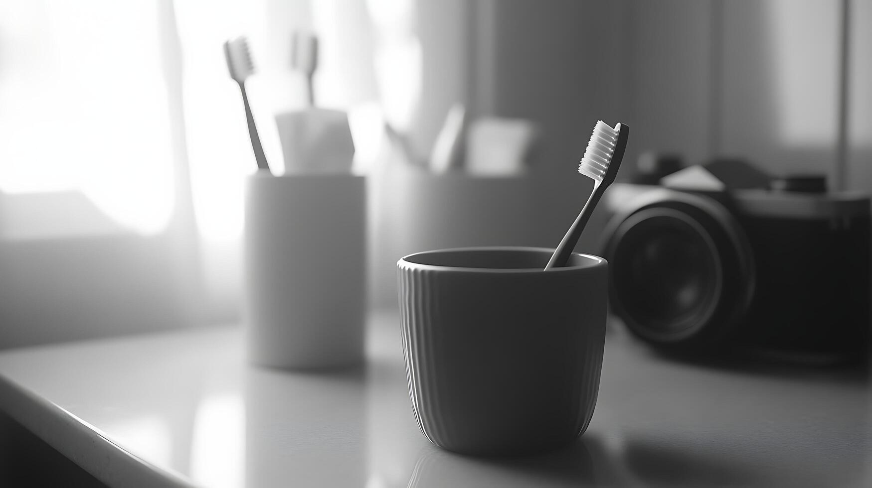 Close-up of simple toothbrushes in muted cups. photo