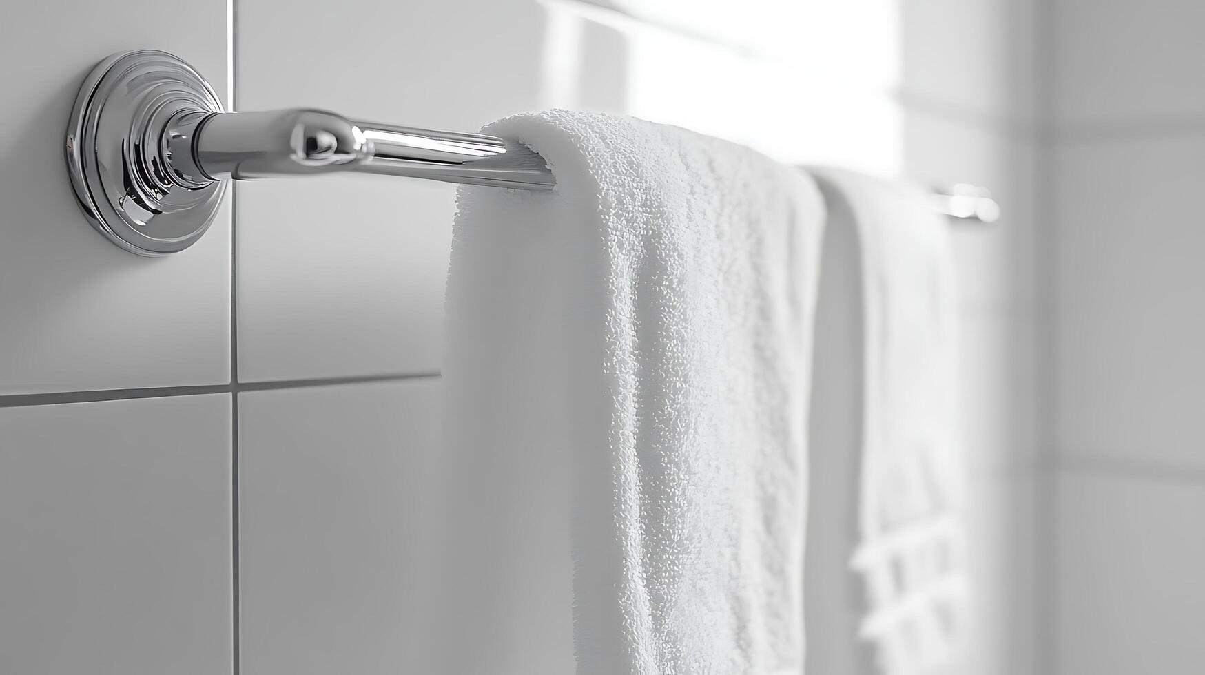 Chrome towel rack with white towels in a bathroom. photo