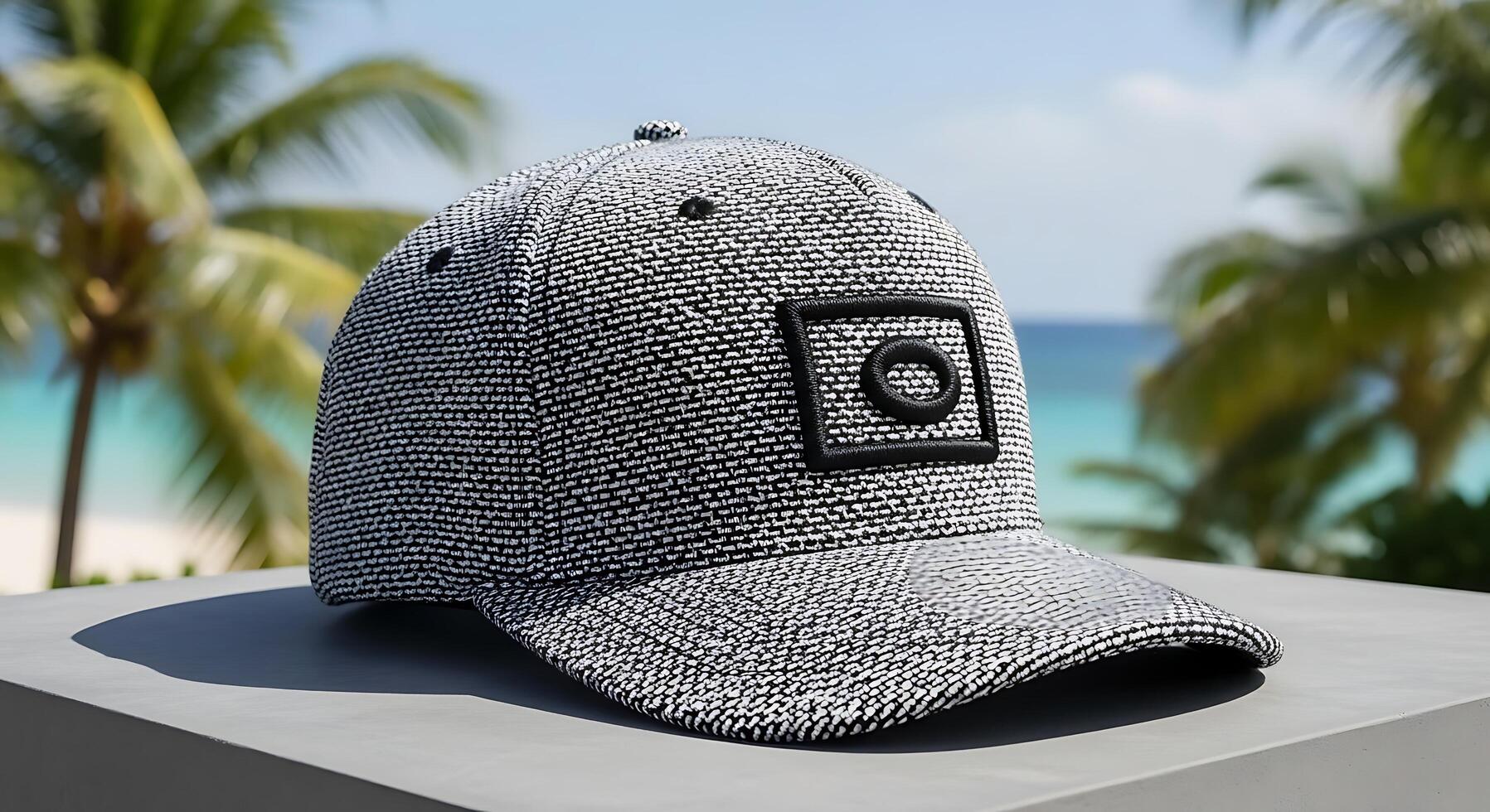 Stylish textured baseball cap with monochrome pattern placed on a concrete surface, tropical beach and palm trees blurred in the sunny background. photo