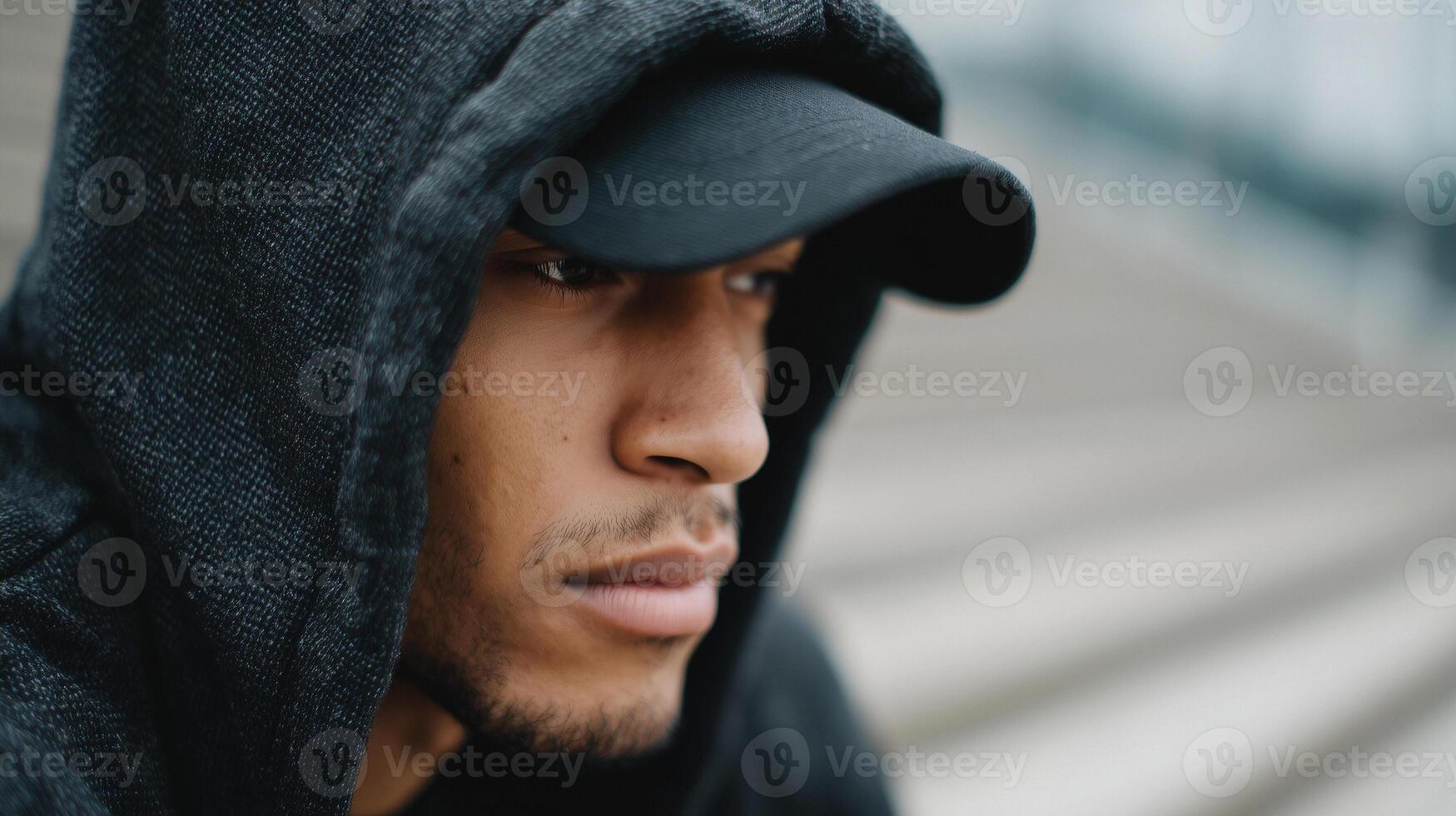 brooding young man wearing black hoodie and cap sitting on outside stairs alone with his gloomy thoughts photo
