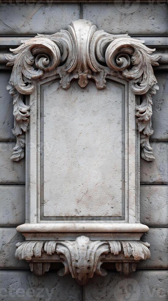 Blank stone plaque with acanthus leaf frame and copy space photo
