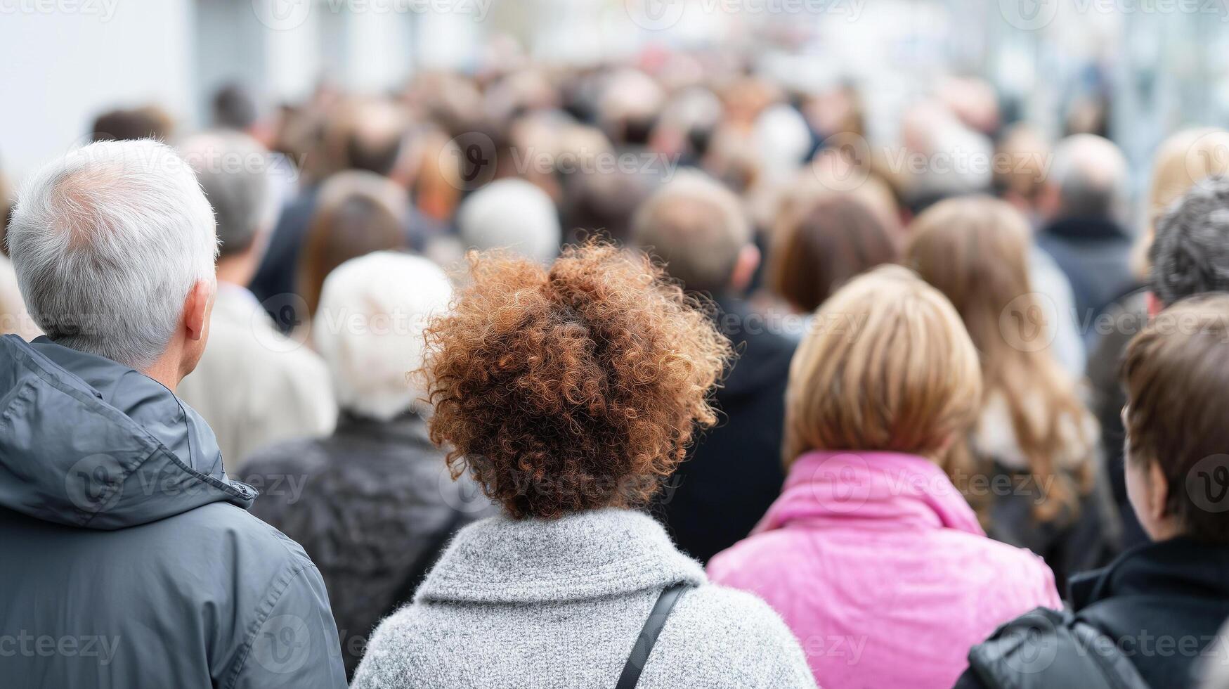 Crowd or large group of people walking or queuing up in winter photo