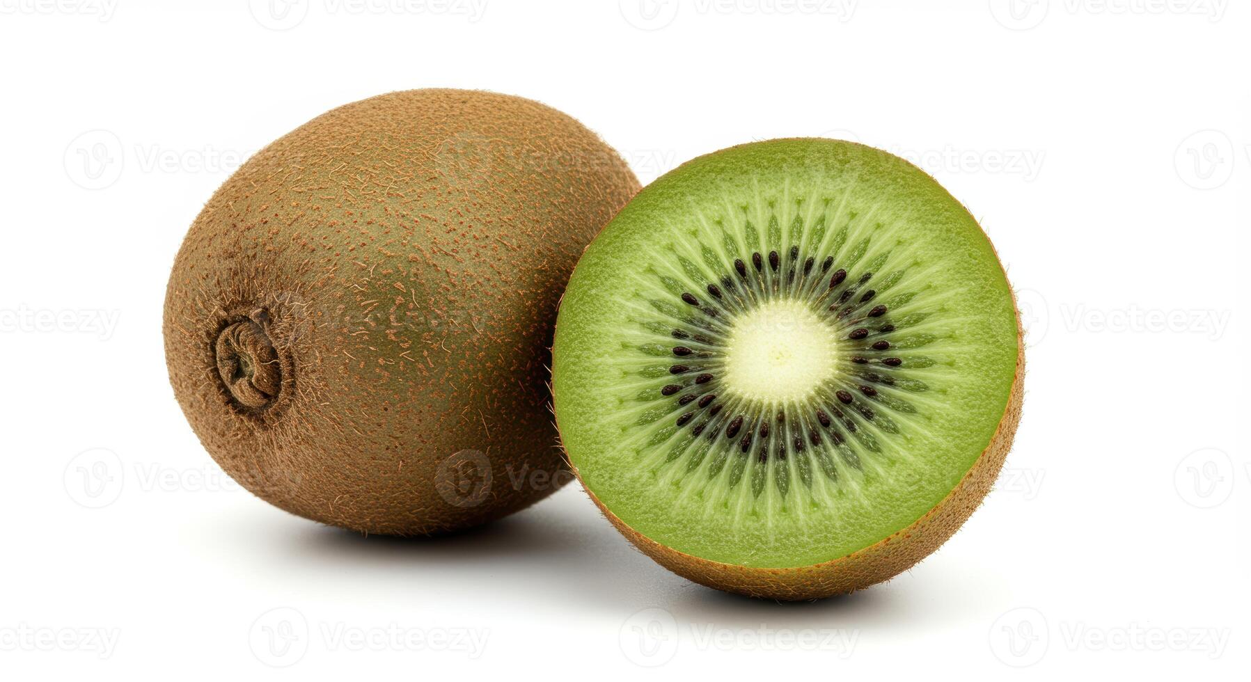 Fresh Green Kiwi Fruit Cut in Half with Visible Seeds on White Background, High Detail Healthy Tropical Fruit for Organic Food, Nutrition, and Summer Diet Concepts photo