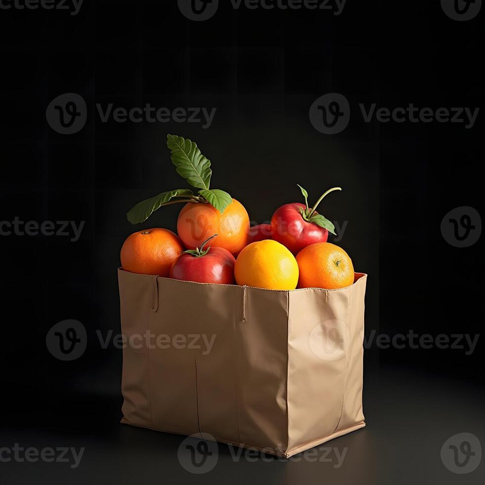 Fruits in Brown Paper Bag on a Black Background photo