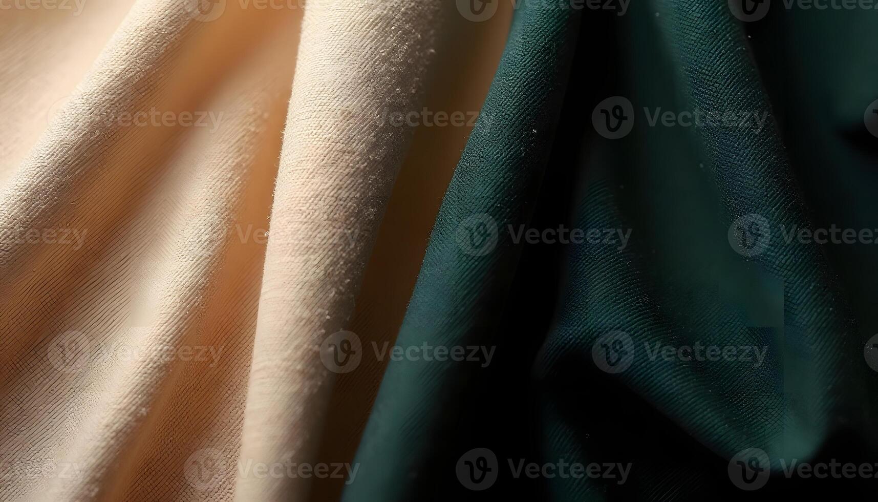 Close-up of Two Woven Fabric Swatches in Beige and Dark Green photo