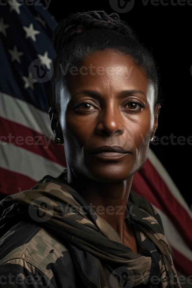 Portrait of a middle-aged african american woman with the american flag as the backdrop. photo