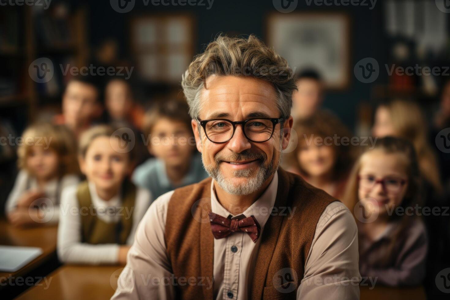An elderly teacher encircled by children in a classroom setting. photo