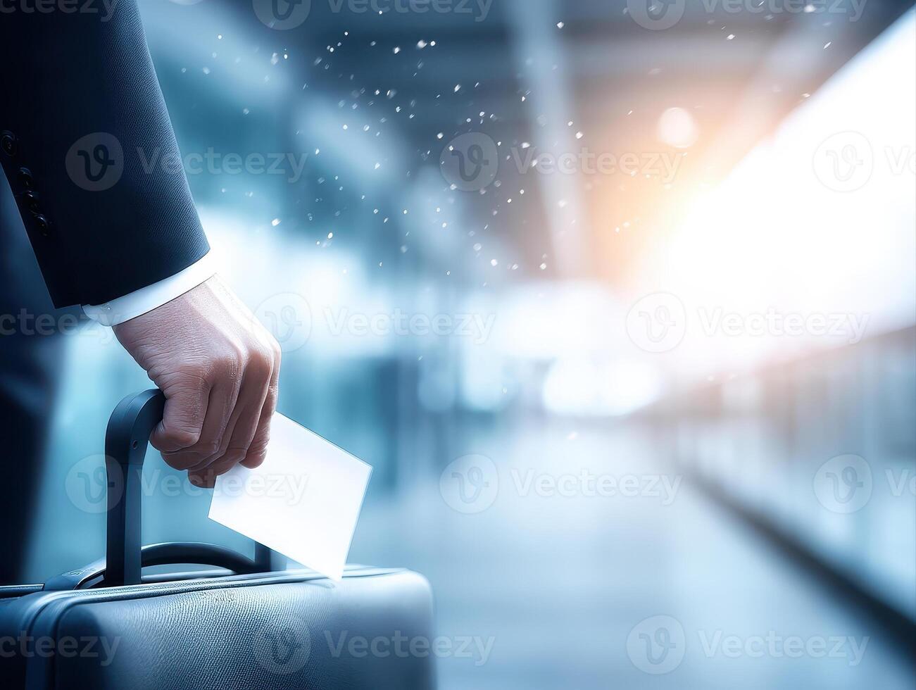 Man holding suitcase handle and boarding pass at airport terminal with bright light and blurred background for travel trip departure and mindful solo journey waiting for flight gate photo