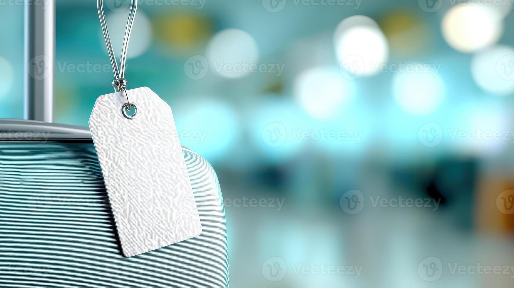 Blank luggage tag hanging on blue suitcase in airport terminal with blurred background creating mindful travel trip experience waiting for flight at departure gate during solo journey photo