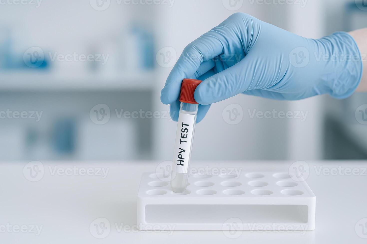 HPV medical test tube held by gloved hand in healthcare laboratory setting showing sample for analysis and diagnosis to help healcare professionals detect virus infection early photo