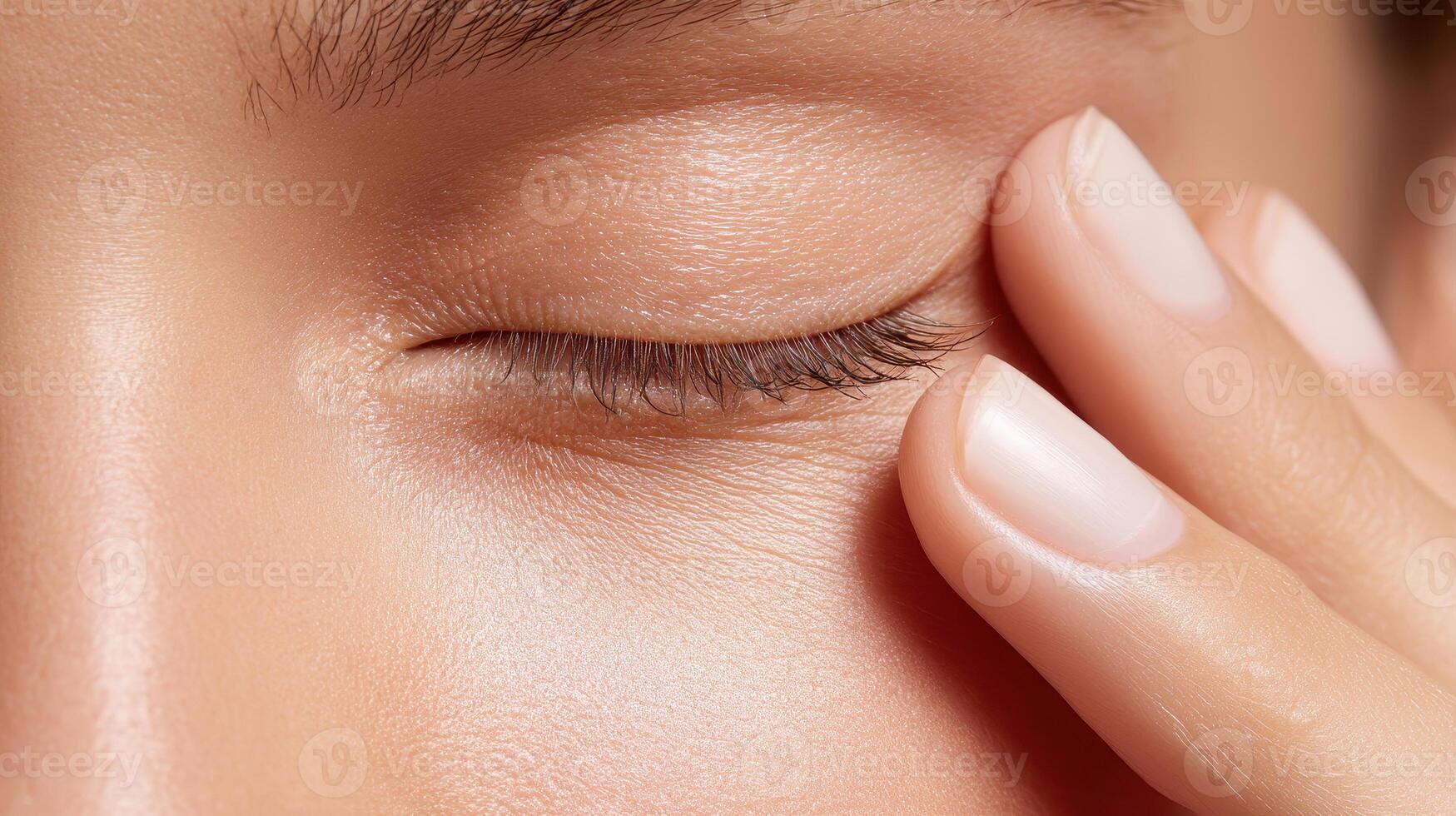 Healthy skin close up shows natural beauty and skincare focus with gentle touch near eye, highlighting glowing complexion and simple makeup routine for radiant skin photo