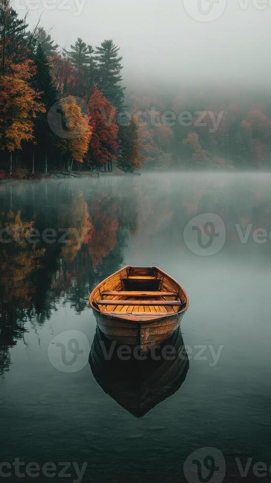Wooden Rowboat on Calm Foggy Lake Autumn Trees wooden boat photo